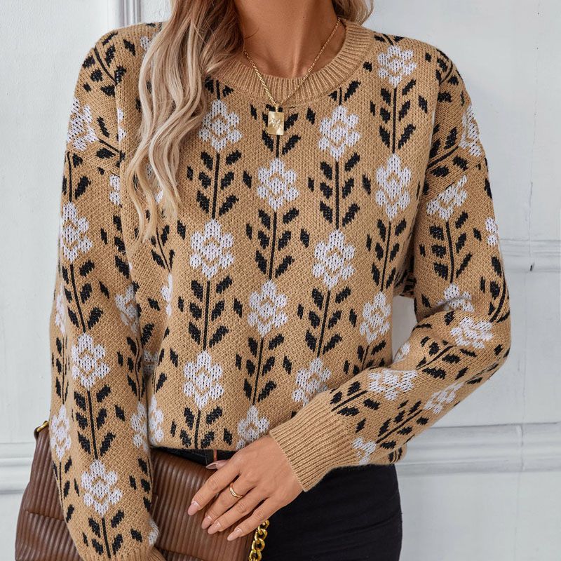 Flor Jacquard Creward pescoço suéter de malha